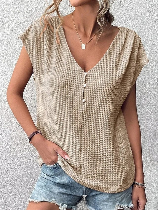 Casual V-Neck Waffle Knit Batwing Sleeve Sweater for Women
