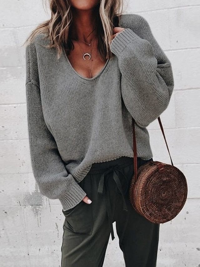 Women's Pullover Sweater Jumper Knitted Solid Color Stylish Basic Casual Long Sleeve Regular Fit Sweater Cardigans V MS2311534246S Gray / S