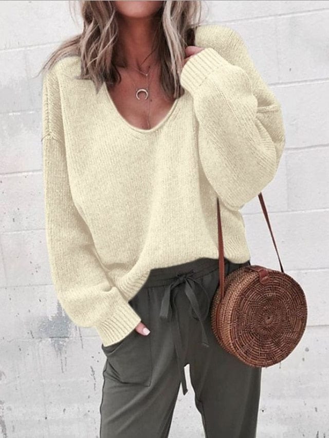 Women's Pullover Sweater Jumper Knitted Solid Color Stylish Basic Casual Long Sleeve Regular Fit Sweater Cardigans V MS2311534266S Beige / S