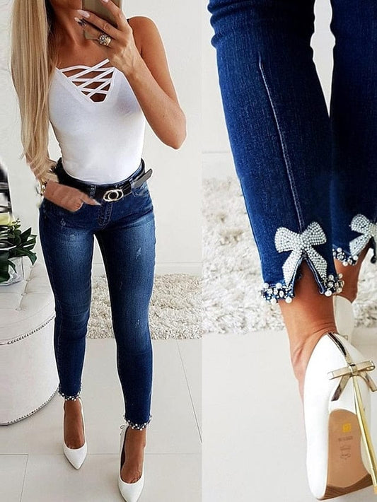Women's Skinny Jeans Denim Blue Fashion Casual Weekend Side Pockets Micro-elastic Ankle-length Comfort Plain