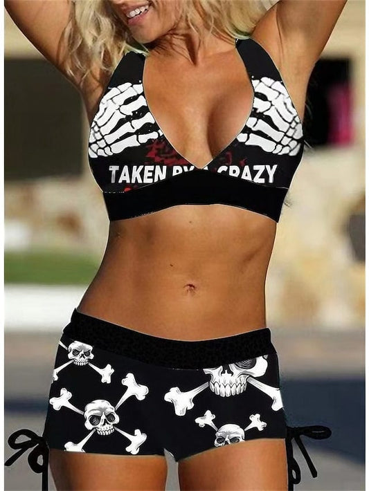 Women's Plus Size Open Back Leopard Skull Print Bikini Swimsuit