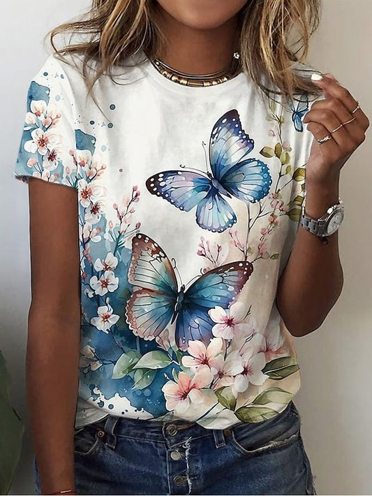Butterfly Print Women's T Shirt with Round Neck and Short Sleeves