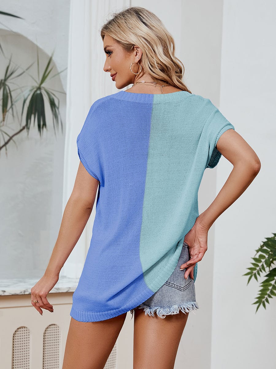 Women's V Neck Dolman Sweater, Short Sleeve Tunic Pullover Top, Lightweight Knit Sweater Blouse