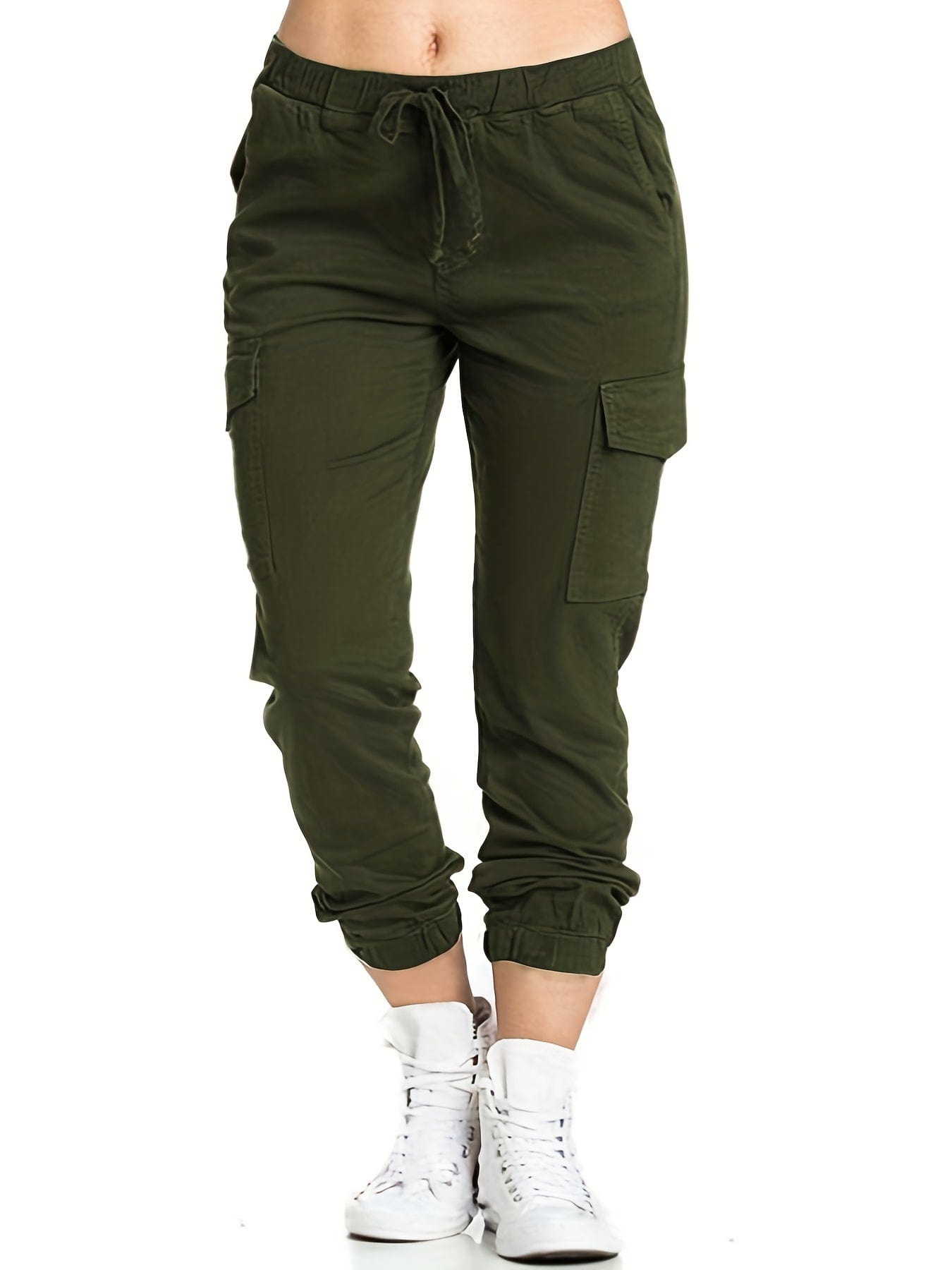 Y2K Solid Drawstring Cargo Elastic Waist Pockets Pants PAN231012155OLIS(4) Olive / S(4)