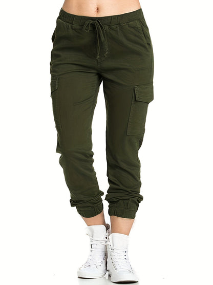 Y2K Solid Drawstring Cargo Elastic Waist Pockets Pants PAN231012155OLIS(4) Olive / S(4)