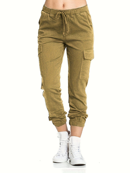 Y2K Solid Drawstring Cargo Elastic Waist Pockets Pants PAN231012155KHAS(4) Khaki / S(4)