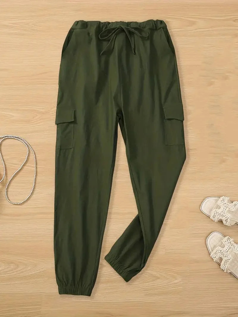 Y2K Solid Drawstring Cargo Elastic Waist Pockets Pants