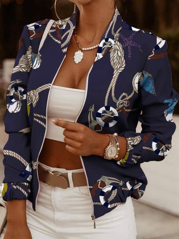 Zip Embellished Printed Long Sleeve Jacket