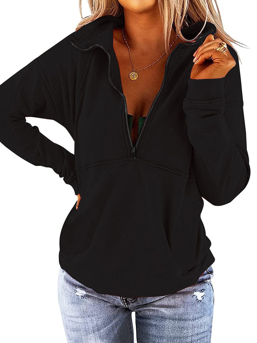 Zip Up Solid Stylish Loose Fit Casual Pullover Long Sleeve Hoodie HOO2308050030BLAS Black / 2(S)
