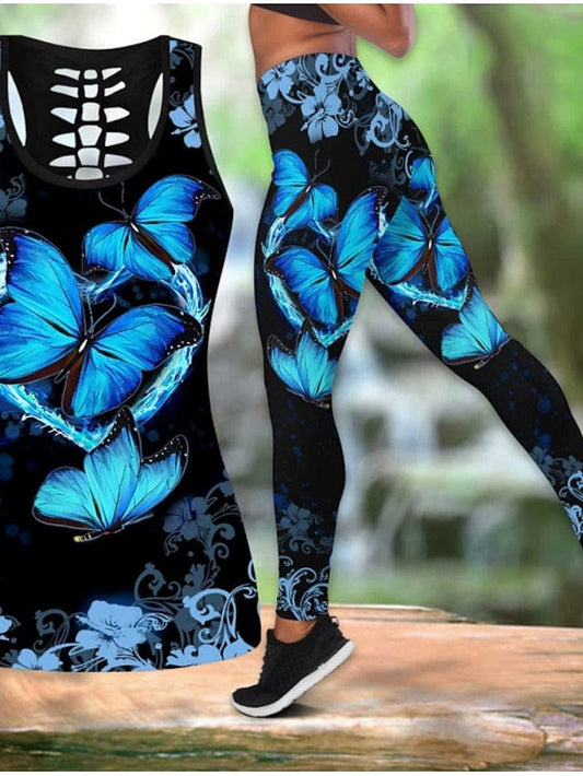 Butterfly Print Women's Activewear Set with Tummy Control and Butt Lift