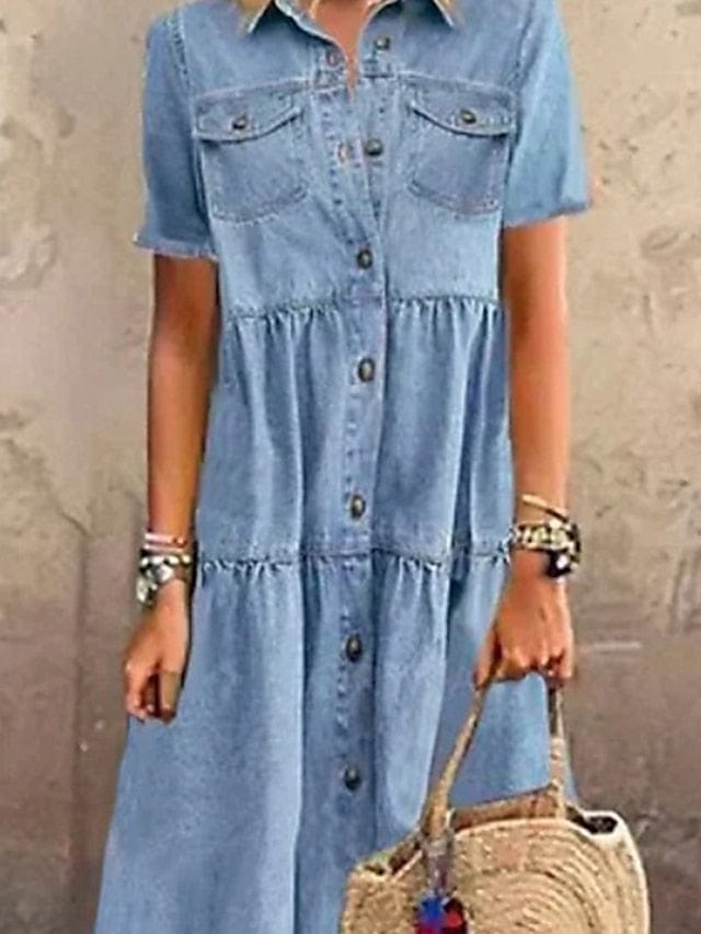 Women's Denim Shirt Dress Maxi Long Dress Dark Blue Light Blue Short Sleeve Solid Color Pocket Button Spring Summer