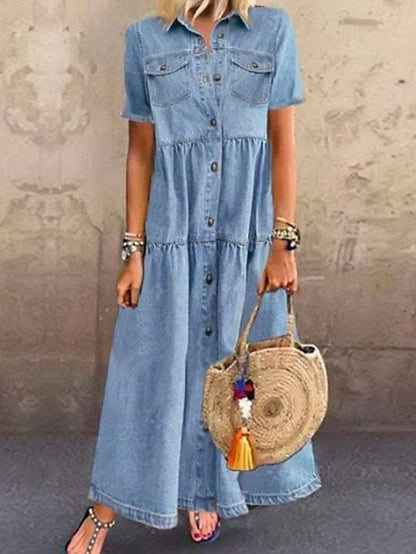 Women's Denim Shirt Dress Maxi Long Dress Dark Blue Light Blue Short Sleeve Solid Color Pocket Button Spring Summer