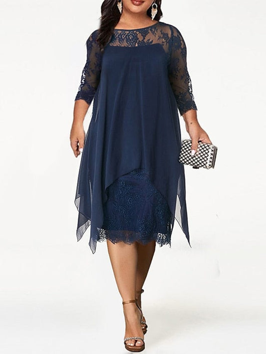 Women's Plus Size Party Dress Solid Color Crew Neck Lace 3/4 Length Sleeve Spring Summer Casual Prom Dress Midi Dress MS2311500857S Blue / S