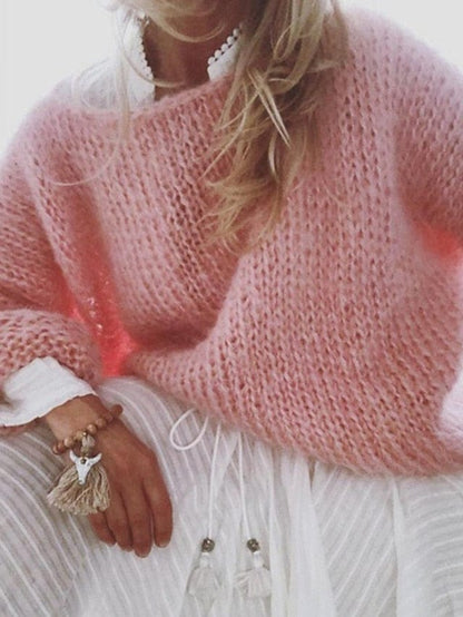 Women's Pullover Sweater Jumper Jumper Chunky Crochet Knit Knitted Pure Color Crew Neck Stylish Casual Outdoor Daily MS2311522525S Pink / S