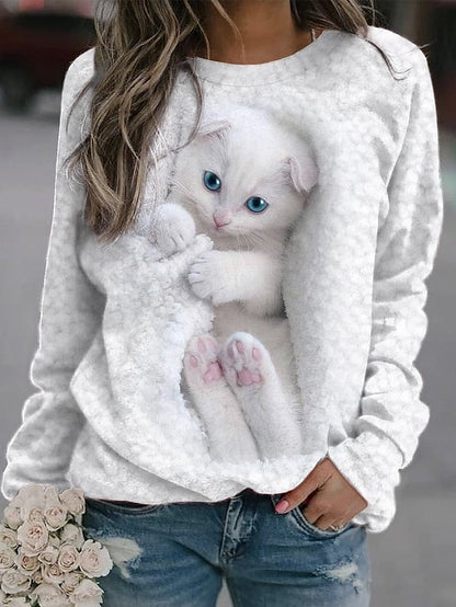 Women's Sweatshirt Pullover Basic White Cat Street Round Neck Long Sleeve