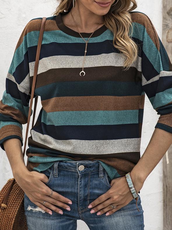 Multicolor Striped Round Neck Long Sleeve T-Shirt