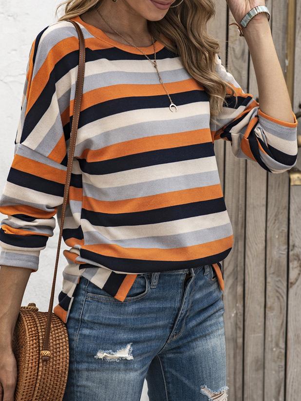 Multicolor Striped Round Neck Long Sleeve T-Shirt