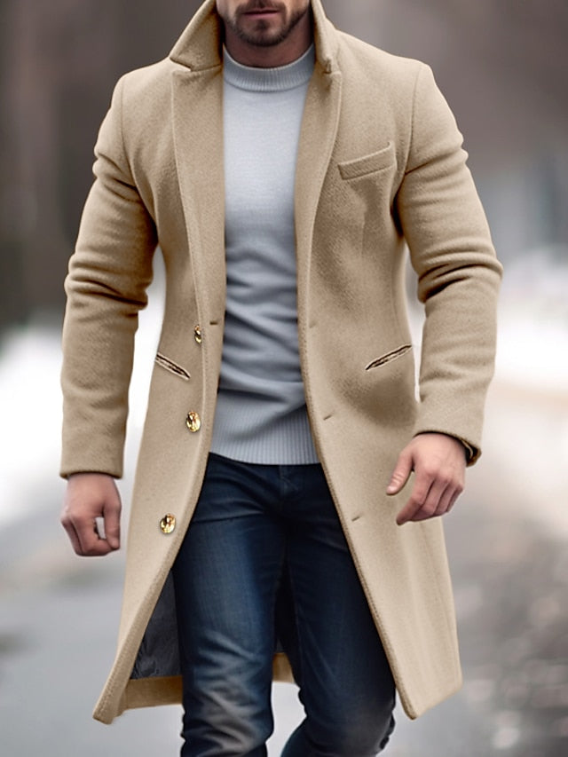 Winter Polyester Men's Trench Coat - Stylish Office & Career Outerwear