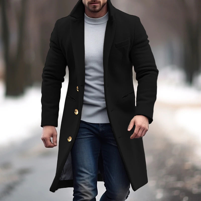 Winter Polyester Men's Trench Coat - Stylish Office & Career Outerwear