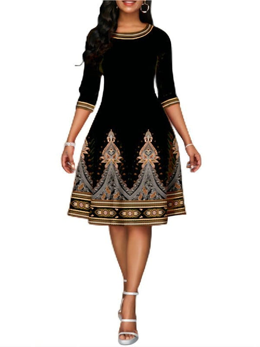 National Style Printed High Waist Mid Sleeve Midi Dress