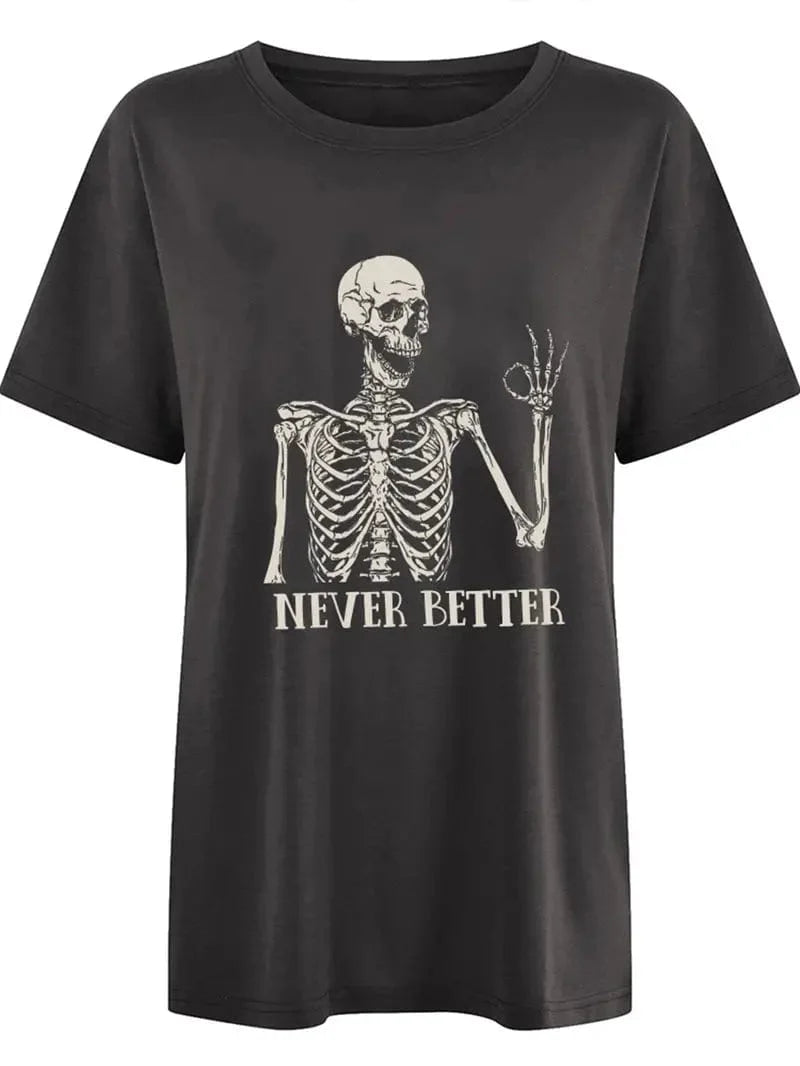 Never Better Halloween Skull Print Women's Casual Vintage T-shirt
