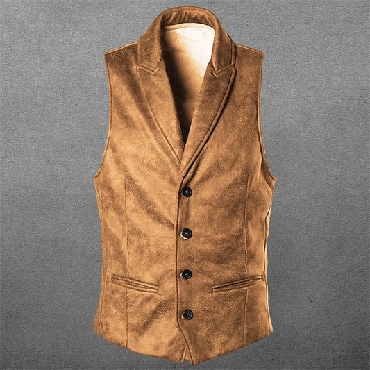 Men's Suede Vest Wedding Street Holiday Going out Vintage Style Casual Fall Winter Pocket Suede Warm Pure Color Single Breasted V Neck Regular Fit Black Brown Vest