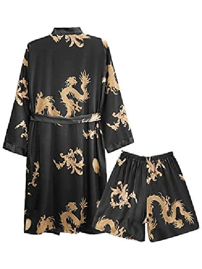 Men's Plus Size Pajamas Robe Silk Robe Sleepwear 2 Pieces Animal Luxury Home Faux Silk Polyester Long Sleeve Shorts Belt Included Spring Summer Black Blue