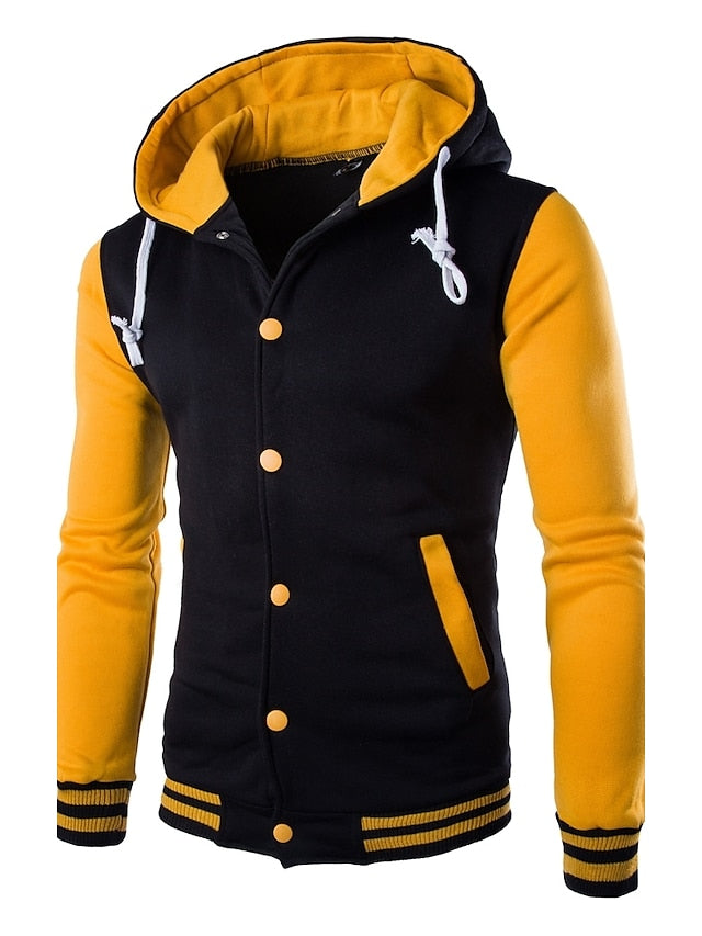 Blue and Yellow Color Block Men's Button Up Hoodie - Stylish Cotton Hooded Sweatshirt for Active Winter Wear