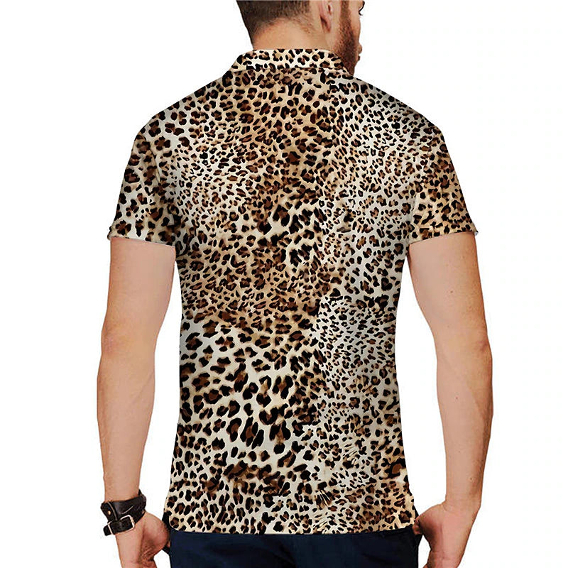 Men's Golf Shirt Animal Leopard Short Sleeve Casual Daily Turndown Print Brown Tops Fashion Designer Casual Breathable / Sports