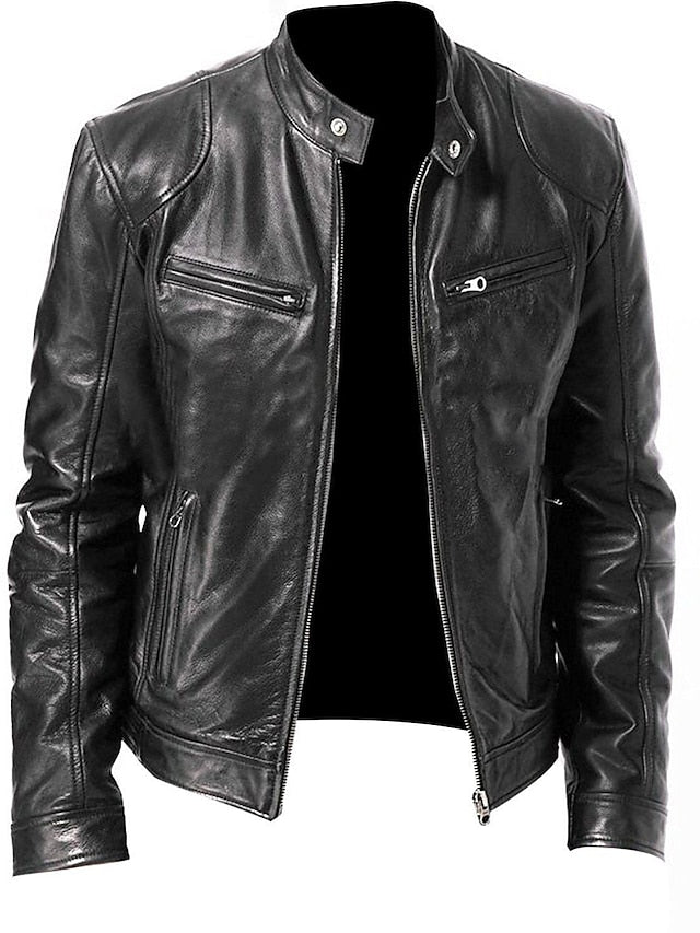 Men's Faux Leather Jacket Biker Jacket Motorcycle Jacket Daily Wear Thermal Warm Windproof Full Zip Fall Solid Color Simple Casual Stand Collar Faux Fur Regular Fit Black Brown Jacket