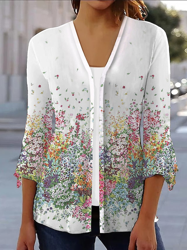 Women's Casual Jacket Print Flower Daily Loose Fit Outerwear 3/4 Length Sleeve Light Blue S - LuckyFash™