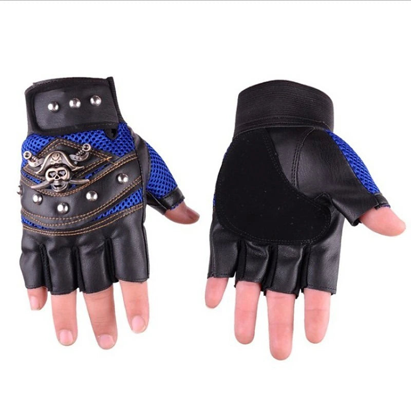 Eco-Chic Men's Faux Leather Half Finger Streetwear Outdoor Gloves in Color Block Black Blue Red