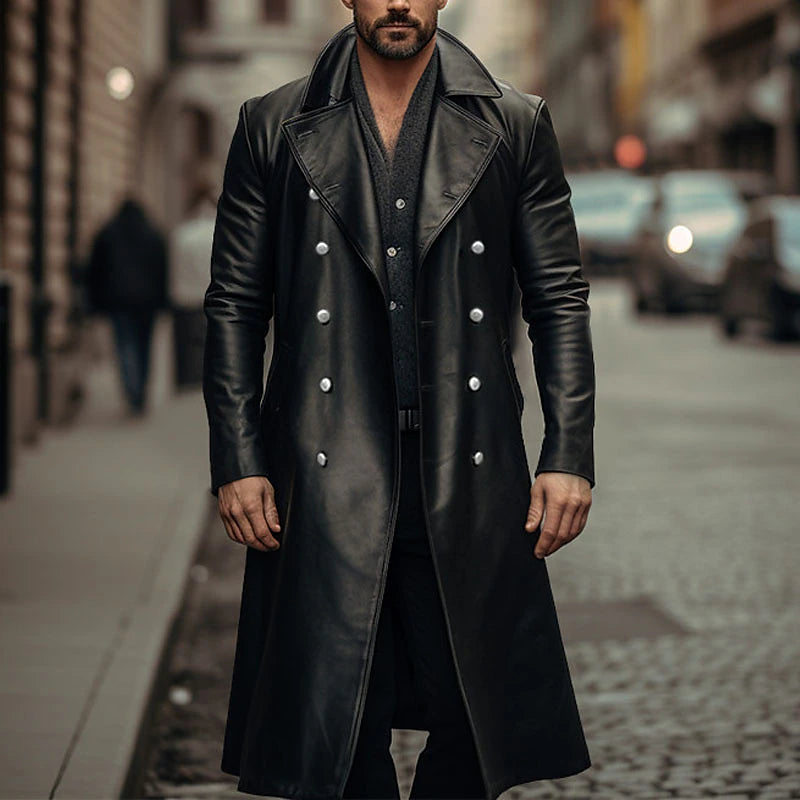 Winter Essentials: Men's Stylish Double Breasted Faux Leather Peacoat