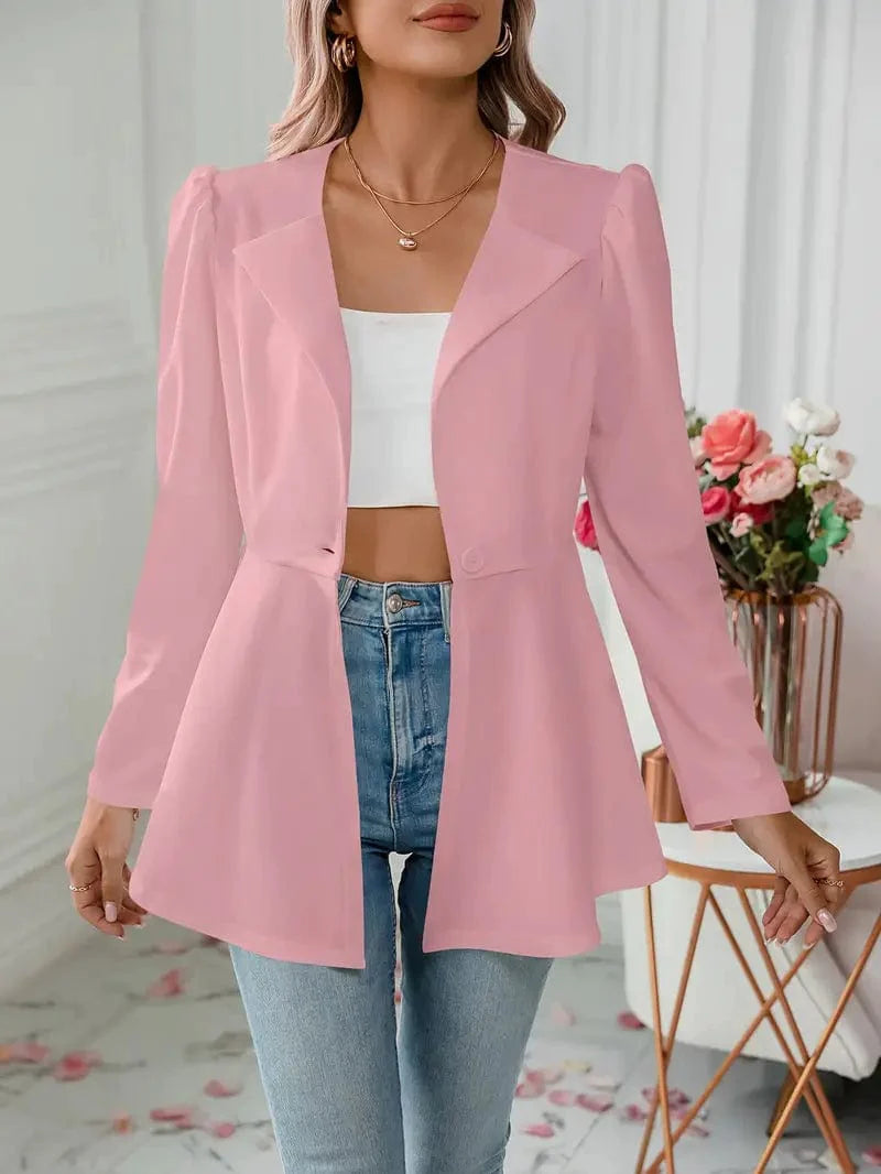 Notched Collar Flare Blazer, Fashionable Long Sleeve Button Up Jacket, Women's Apparel