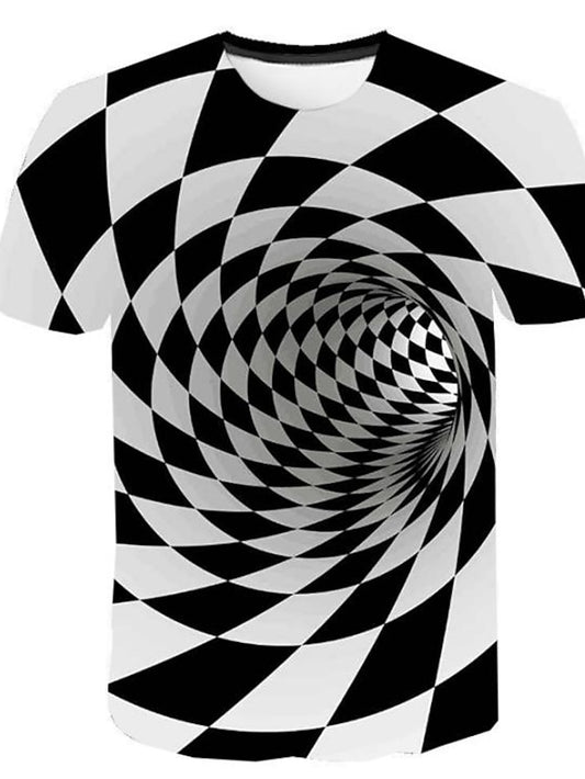 Checkered Optical Illusion Mens 3D Shirt Casual | Black And White Summer Cotton | Men'S Tee Graphic Geometric 3D Round Neck Short Sleeve Print Clothing