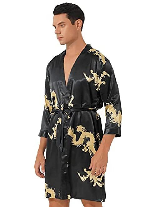 Men's Plus Size Pajamas Robe Silk Robe Sleepwear 2 Pieces Animal Luxury Home Faux Silk Polyester Long Sleeve Shorts Belt Included Spring Summer Black Blue