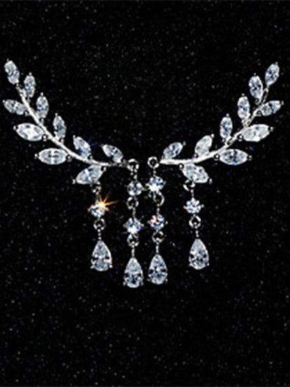 Elegant Leaf Design Cubic Zirconia Earrings with Tassel Pendant