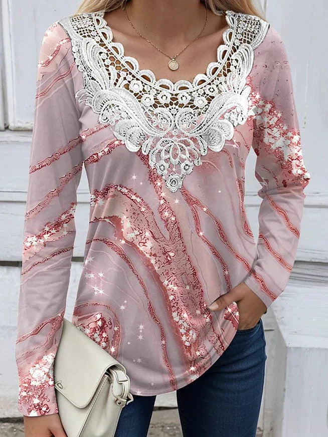 Lace Patchwork Abstract Print Women's Shirt Blouse