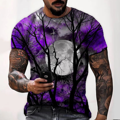 Trees Casual Mens 3D Shirt For Halloween | Purple Summer Cotton | Men'S Unisex Tee Moon Graphic Prints Crew Neck Wine Blue Yellow Red 3D Daily Short Sleeve