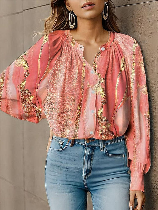 Floral Print Long Sleeve Casual Blouse for Women in Light Green, Pink, and Red