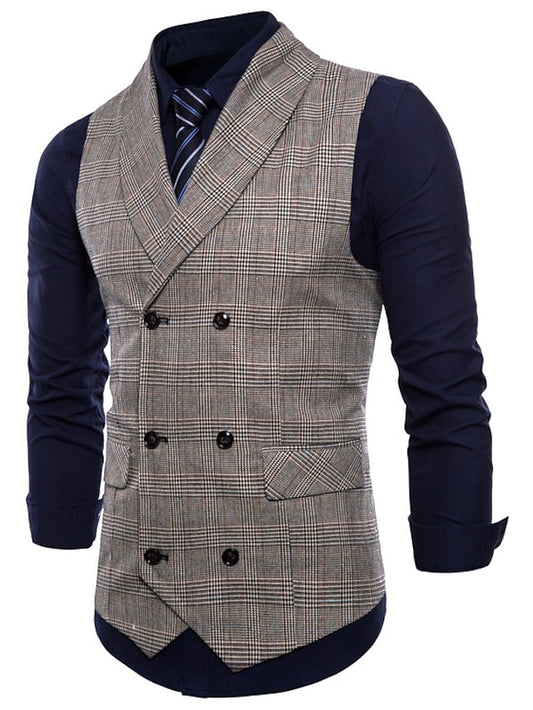 Premium Plaid Double Breasted Slim Fit Vest for Men - Brown/Light Grey/Dark Gray