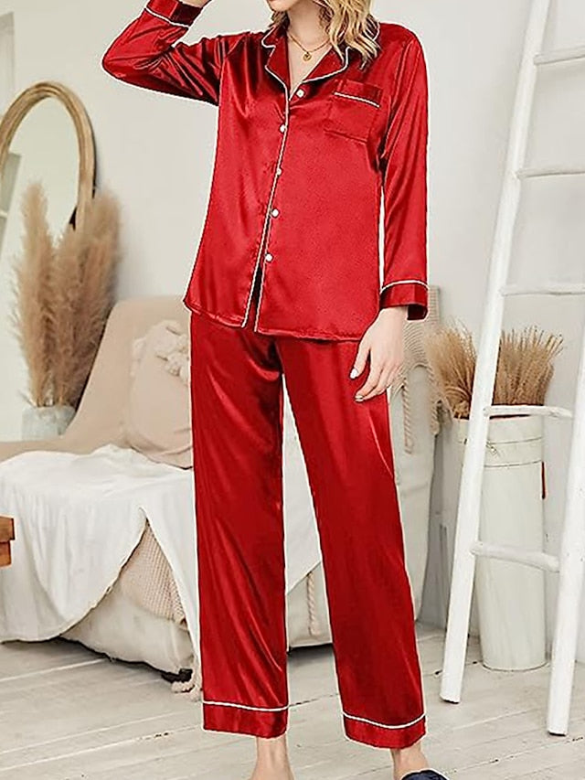 Satin Silk Lounge Sets for Women with Long Sleeve Shirt and Pants