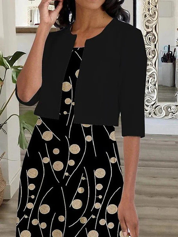 Versatile Black Polka Dot Two-Piece Midi Dress Set with Half Sleeves