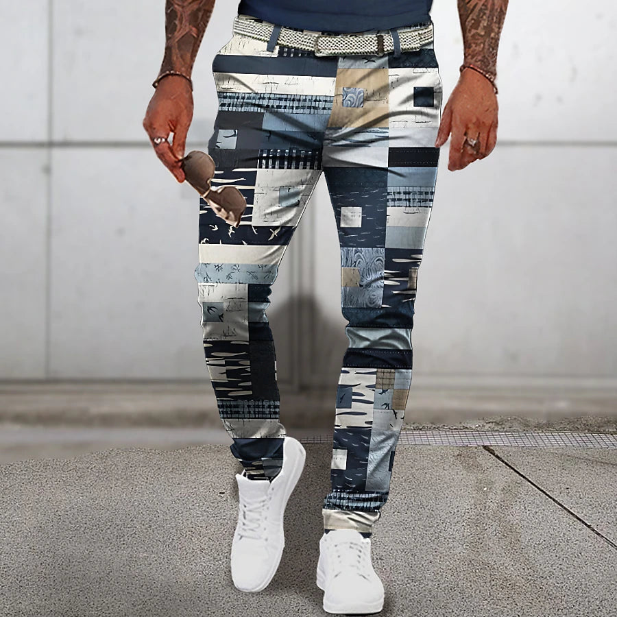 Christmas Patchwork Denim Pants Mens Graphic Plaid Geometry Business 3D Print Trousers Outdoor Street Wear To Polyester Navy Blue Royal Mid Waist Elasticity Casual Navy-Blue