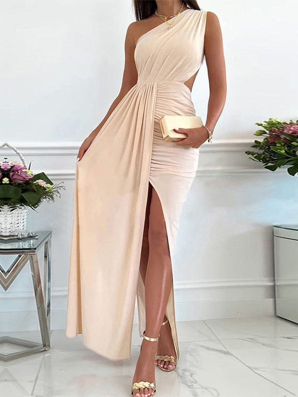 One Shoulder Hollow Pleated Slit Waist Long Fairy Skirt