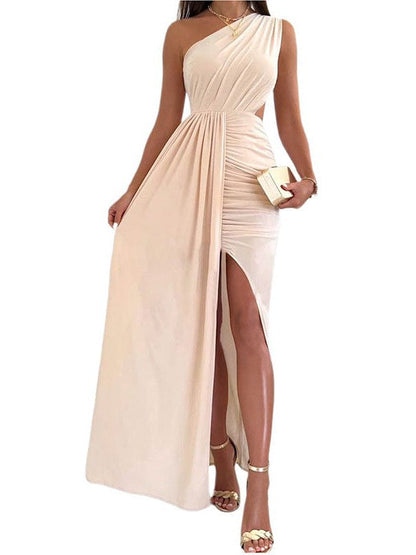 One Shoulder Hollow Pleated Slit Waist Long Fairy Skirt