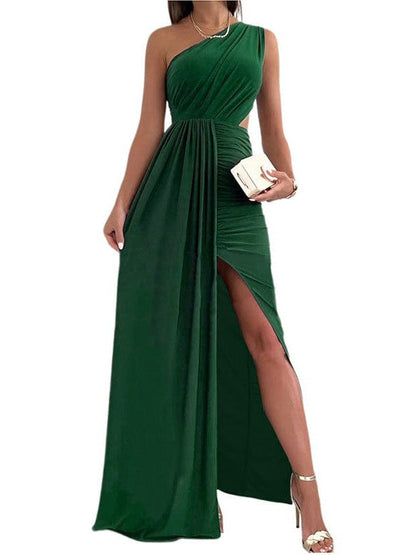 One Shoulder Hollow Pleated Slit Waist Long Fairy Skirt