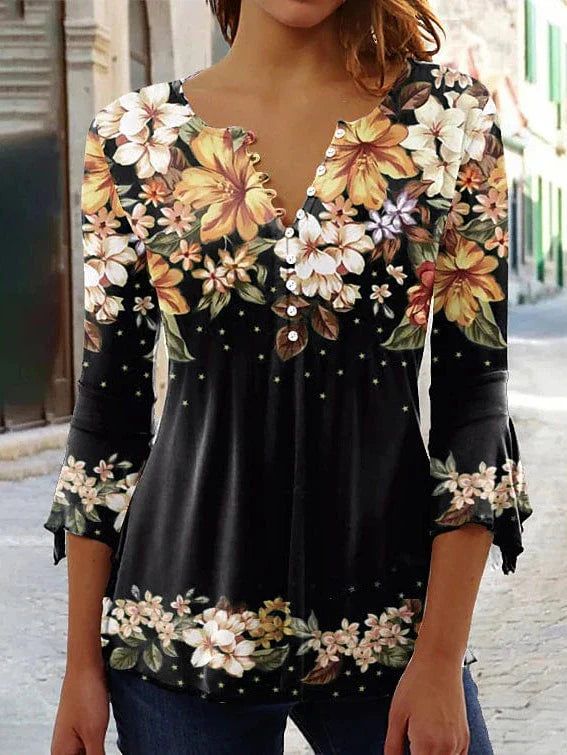 Women's Floral Print Shirt Blouse with 3/4 Length Sleeves
