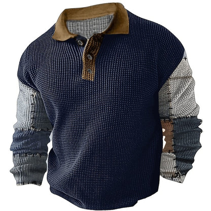 Color Block Plaid Men's Long Sleeve Waffle Fabric Polo Shirt - Dark Navy Blue