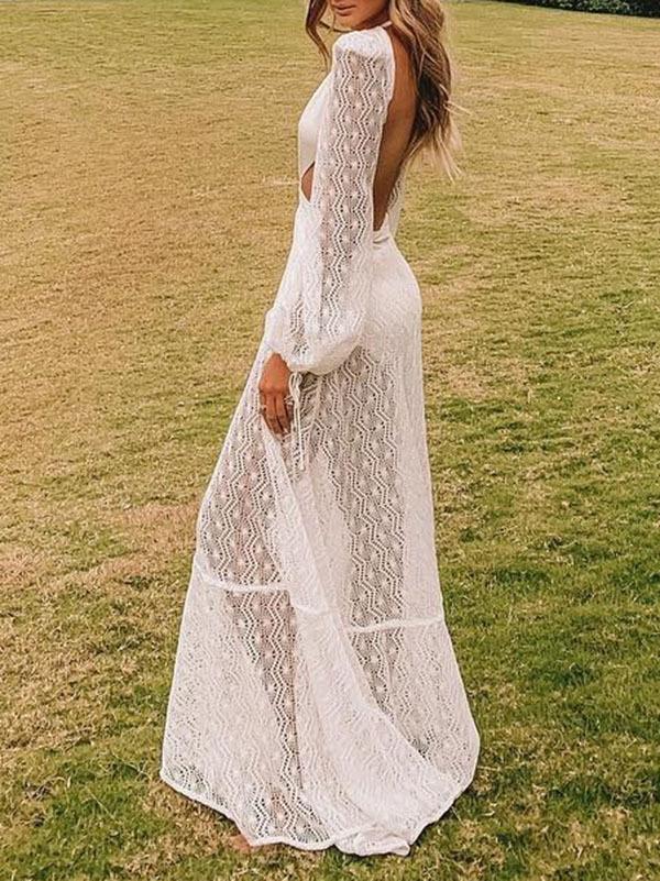 Open Back Lace Lantern Sleeve Hollow Dress